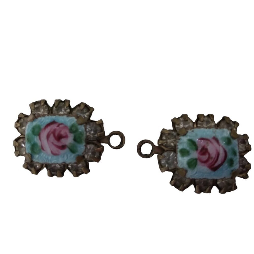 Vintage 1940's Drop Dangle Rhinestone Enamel Earrings